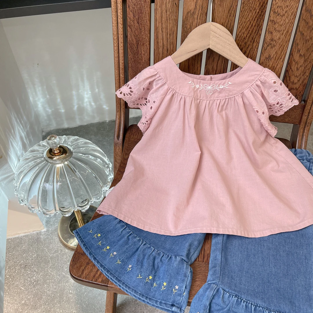 鱼子酱品牌童装萌娃夏季穿搭X23187CS  花边袖刺绣圆领衬衫娃娃衫