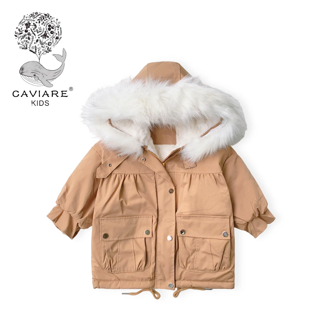 鱼子酱品牌童装儿童女童QK2373WT森系连帽加棉毛领派克服棉衣