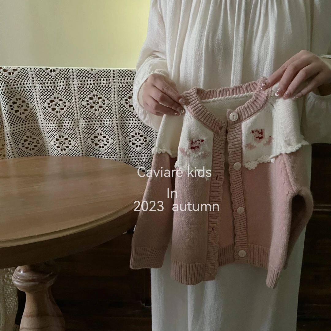 鱼子酱品牌童装儿童女童Q2381MY森系甜美百搭钩花圆领开衫毛衣