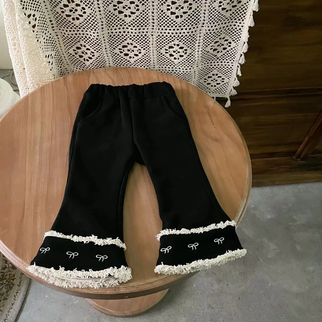 【现货】崽崽童品女童森系百搭纯色蝴蝶结加绒喇叭裤