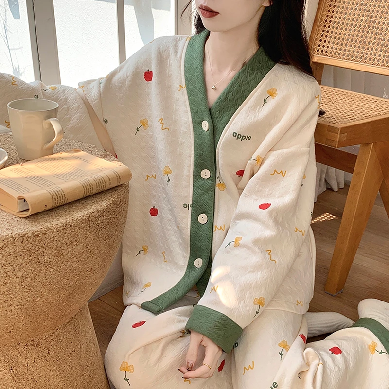 夹层空气棉睡衣秋冬加厚款女士长袖开衫休闲保暖可外穿家居服套装