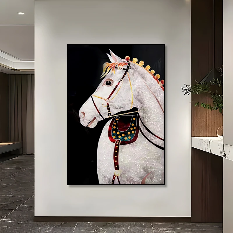 马到成功玄关晶瓷镶钻装饰画 客厅走廊过道挂画 高档轻奢马80120