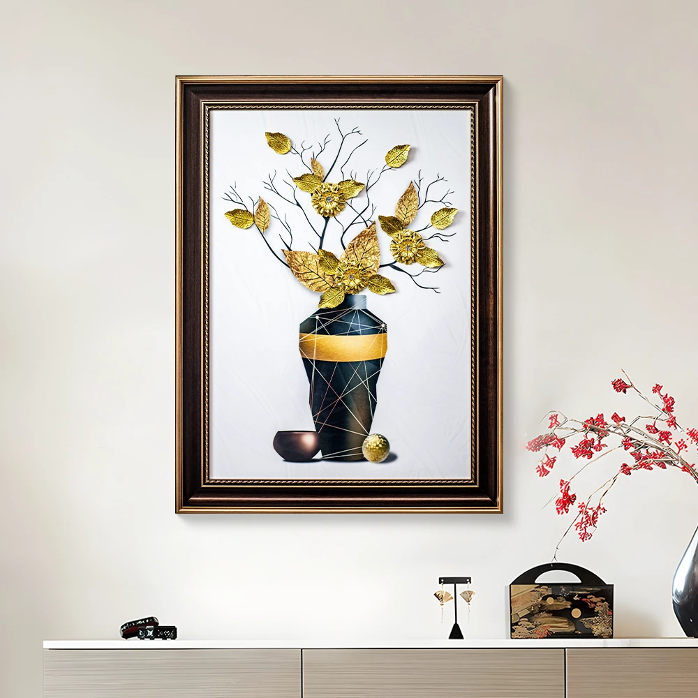 欧式实物立体贴片装饰画餐桌背景墙贴钻挂画卧室床头花瓶金叶6080
