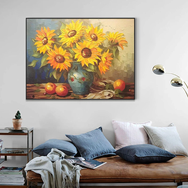 砂岩厚油肌理画手工向日葵入户玄关装饰画客厅沙发背景墙艺术6080