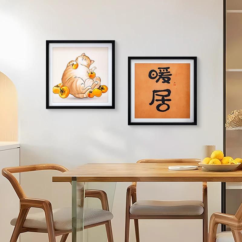 新中式餐厅画 奶油原木风装饰画 客厅餐厅猫咪两联挂画猫咪4040