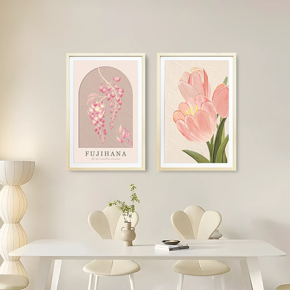 奶油风卧室两联装饰画抽象餐厅背景墙壁画北欧小清新花挂画花4060