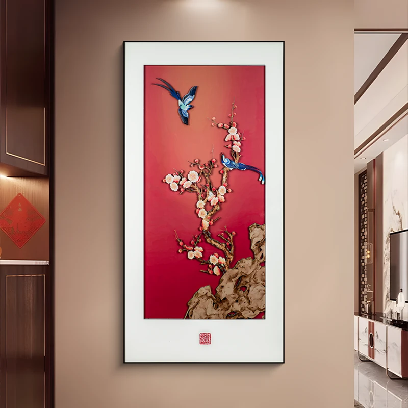 新中式喜气盈门玄关立体装饰画 入户挂画红色走廊过道画喜鹊80160
