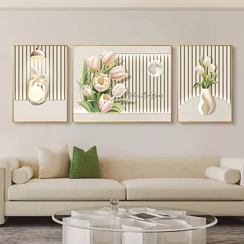 欧奶油风客厅装饰画郁金香沙发背景墙挂画郁金香三联70200