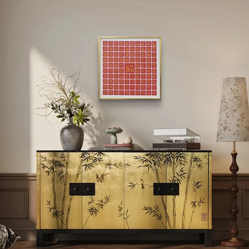 走廊过道立体油画布百福装饰画 铝合金边框烫金文字挂画 福4040