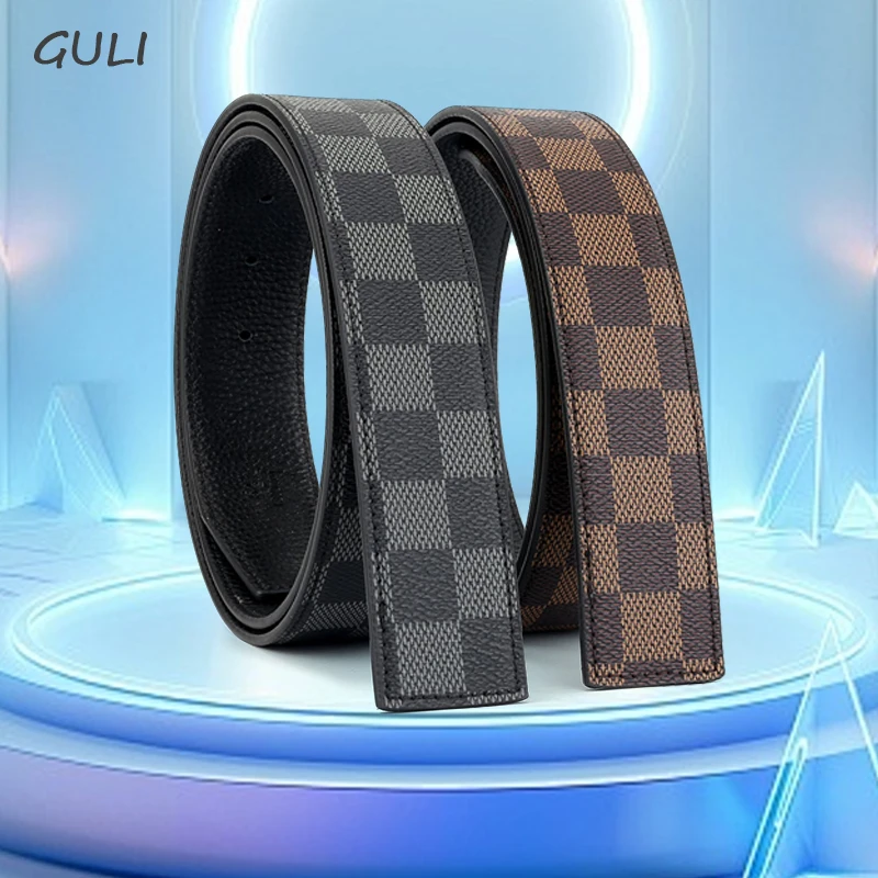 3.8CM打孔带条平滑扣男士头层牛皮腰带条格纹休闲百搭真皮带身cr