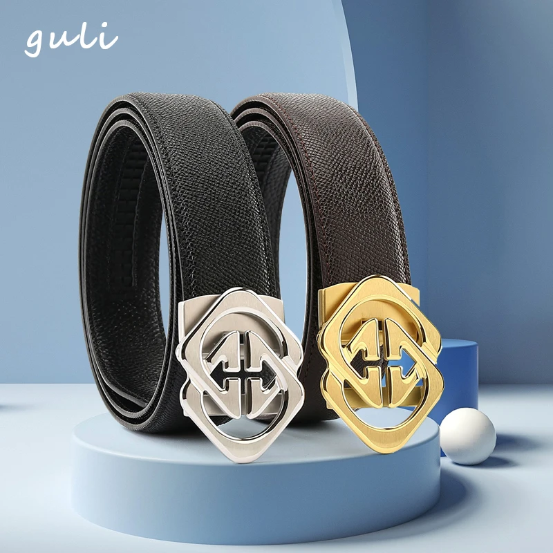 3.5cm不锈钢自动扣真牛皮皮带男士时尚休闲百搭真皮商务裤腰带