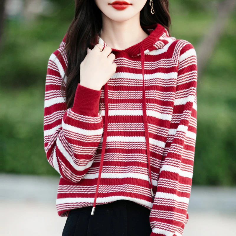 100%纯棉柔软舒适针织衫女拼色条纹帽衫宽松时尚显瘦打底衫