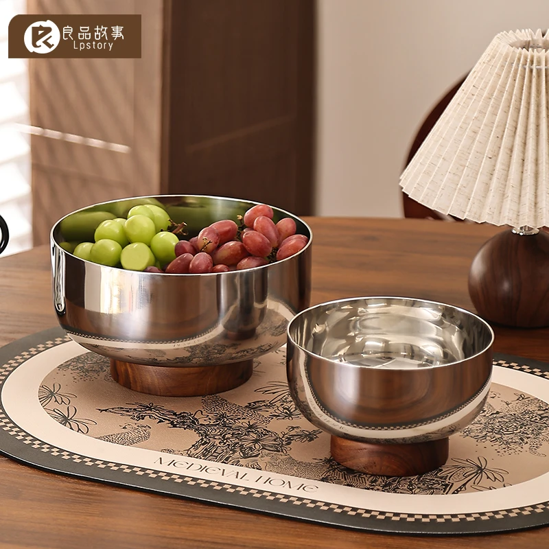 良品故事实木水果盘客厅茶几家用不锈钢木底座新中式干果坚果托盘