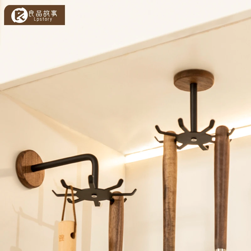 良品故事厨房胡桃木旋转挂钩勺子锅铲多功能收纳架免打孔八爪挂钩