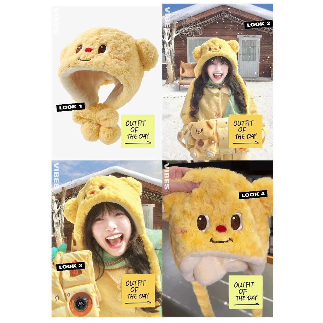 冬季帽子女卡通可爱冬天黄油小熊毛茸茸黄色保暖毛绒绒包头帽冬天