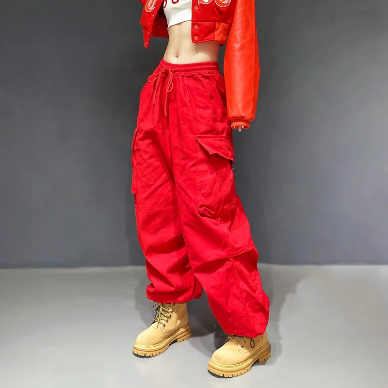 酷飒风宽松嘻哈街舞红色工装裤女团速干运动爵士跳舞jazz裤子薄款