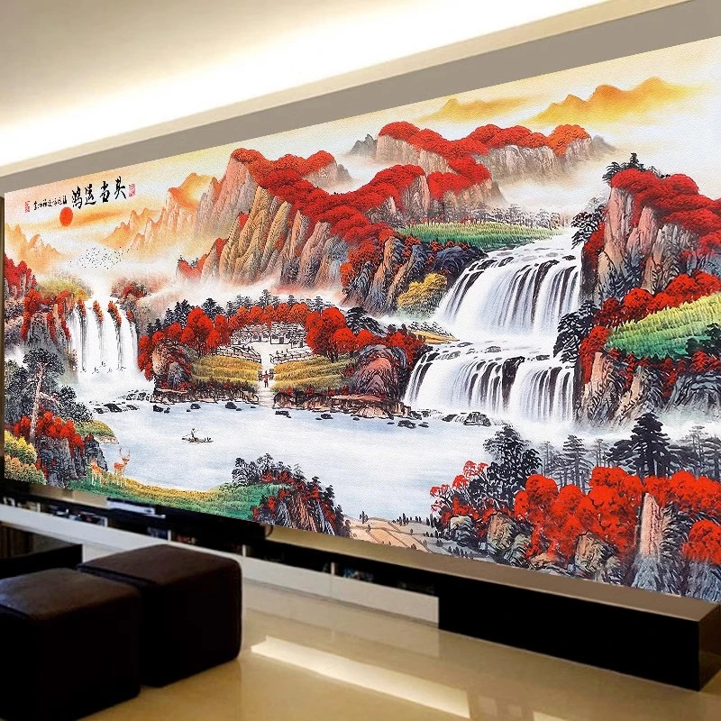 鸿运当头十字绣2023新款线绣客厅大幅风水宝地山水画手工自己刺绣