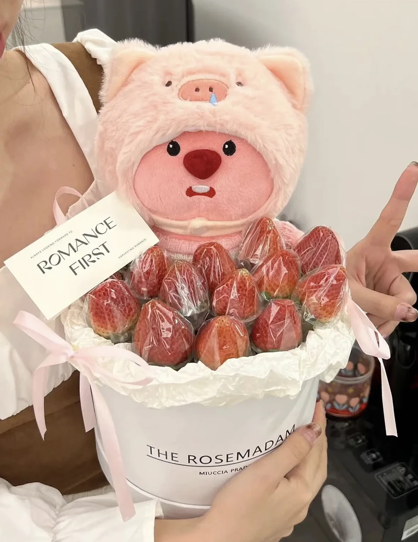 手工DIY粉红草莓花束材料包可爱玩偶草莓抱抱桶材料包圣诞礼物