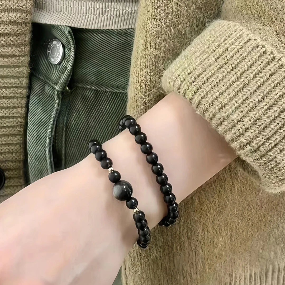 【平安幸运】天然黑曜石百搭两圈手串银曜石转运珠配饰小众金曜手链