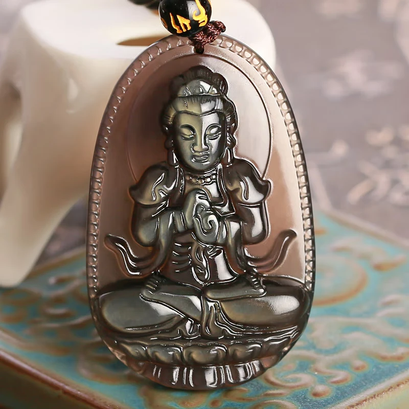 天然冰彩黑曜石八大守护神菩萨吊坠大日如来菩萨属羊猴生肖佛项链