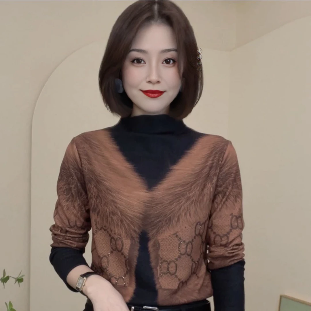 轻奢保暖洋气印花加绒衬衫女2024秋冬新款大码女装宽松显瘦上衣