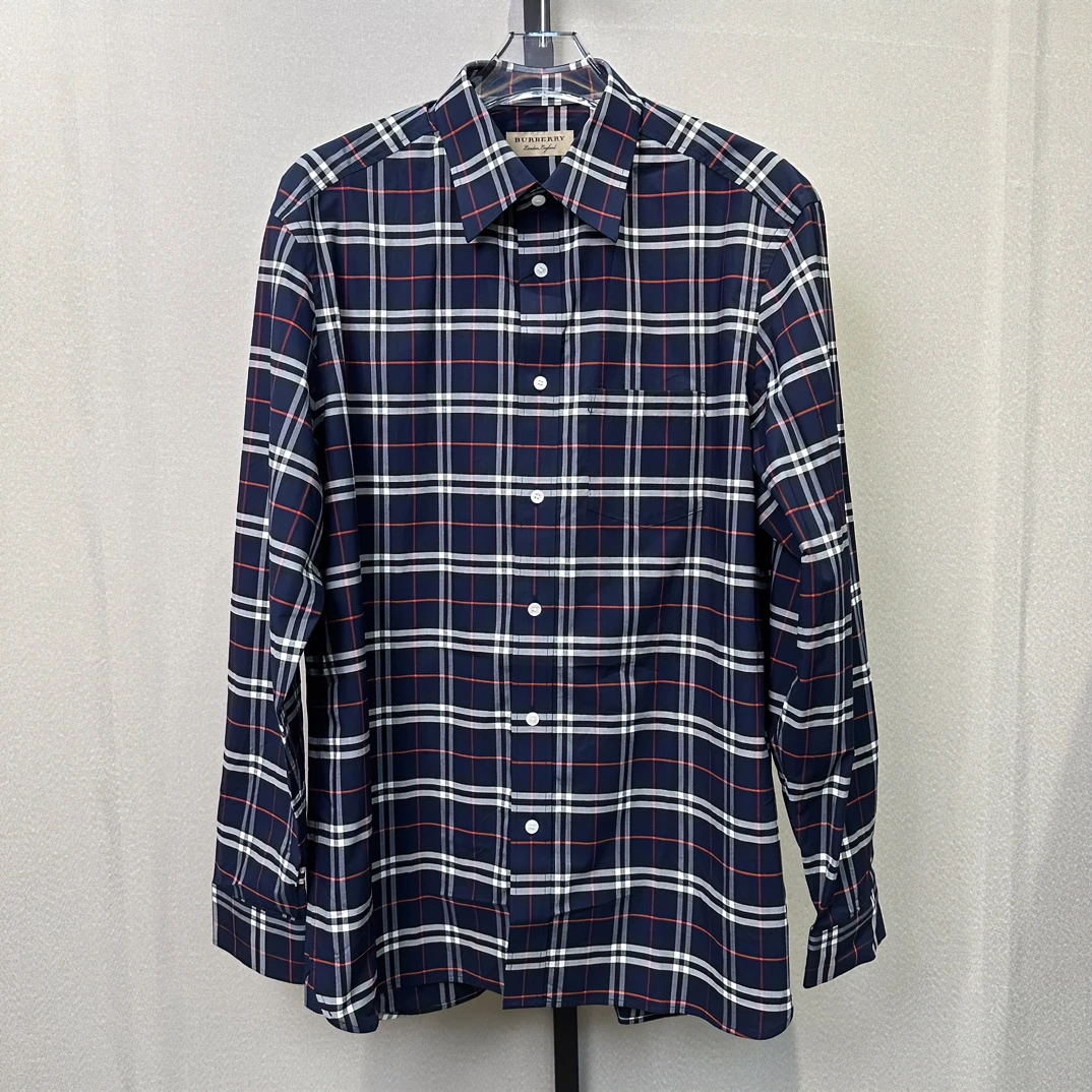 全新未使用 BURBERRY/博柏利 男士藏蓝色红色格纹长袖衬衫 115423