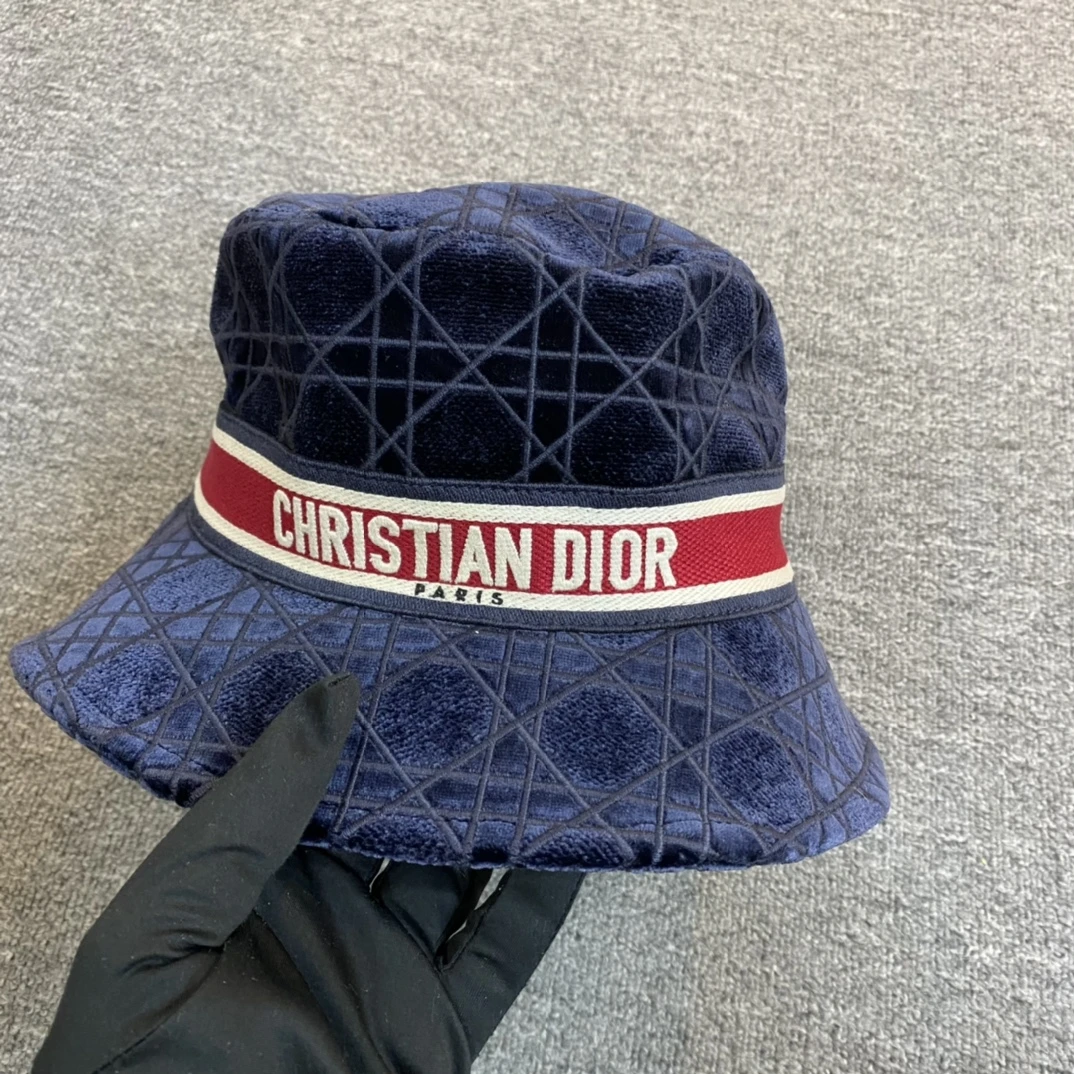 全新未使用 DIOR/迪奥 女士藤格纹 蓝色字母渔夫帽经典印花114862
