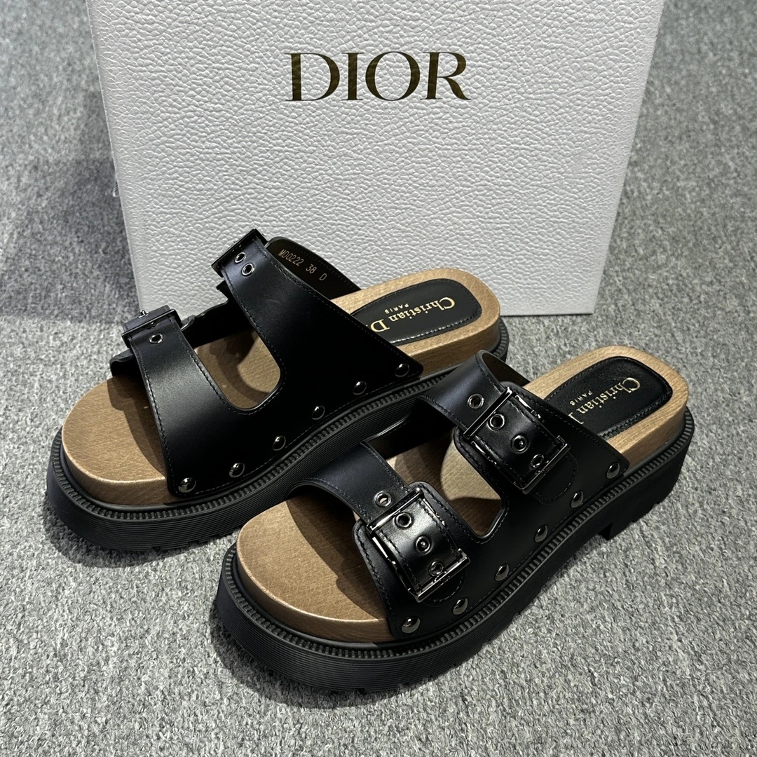 全新未使用 DIOR/迪奥 女士黑色露趾厚底穆勒鞋128893