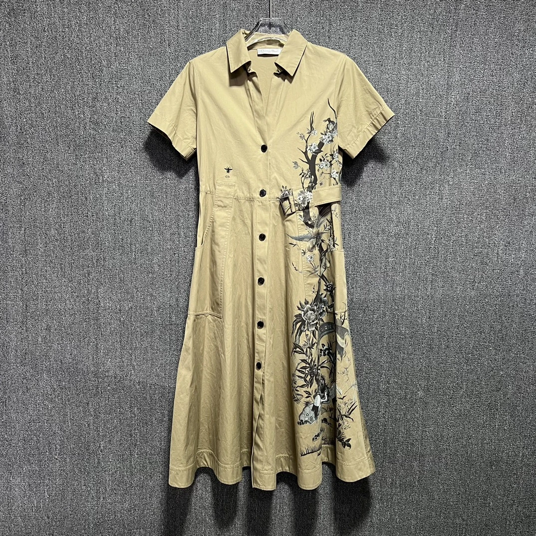 全新未使用 DIOR/迪奥 女士 花卉卡其色连衣裙时尚休闲印花129063
