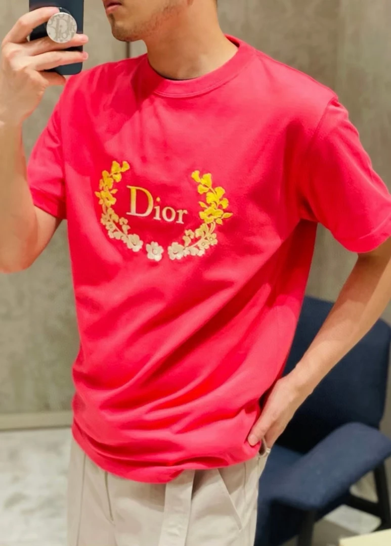 全新未使用 DIOR/迪奥 男士黄色印花logo玫红色短袖T恤128986