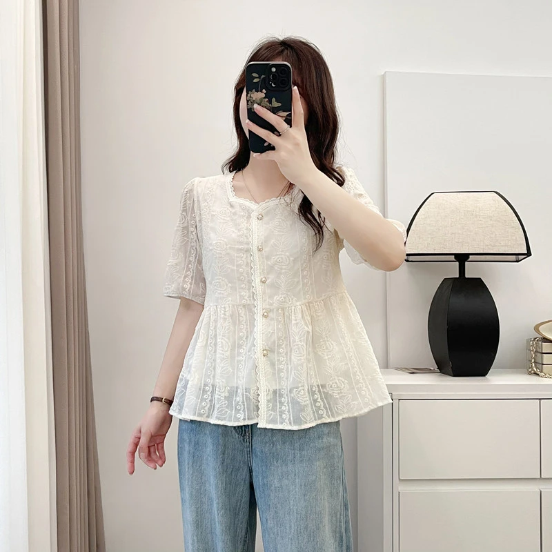 夏季新款刺绣玫瑰时尚洋气衬衫女遮肚子显瘦长袖百搭透气小衫上衣
