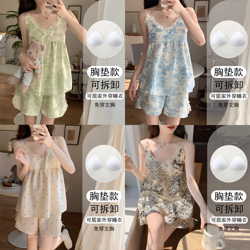 编码2401-2499带胸垫睡衣女夏家居服2024新款爆款短袖吊带套装