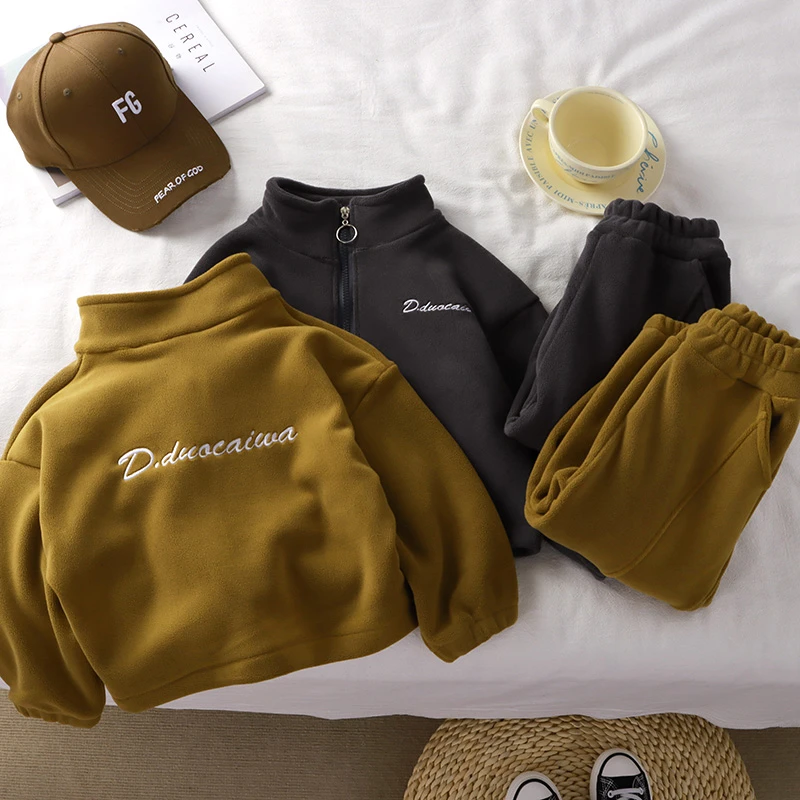 【清仓福利】秋冬加绒加厚保暖套装韩版男童女童奥利绒俩件套中大童