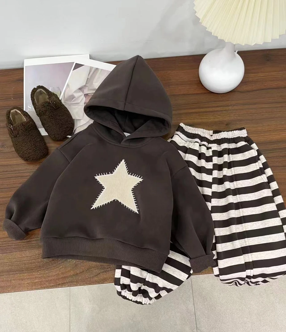 【现货清仓】大五角星星星儿童连帽卫衣套装加绒新款男女韩系两件套