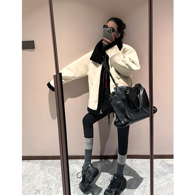 【浮潜月影】时尚百搭机车款设计感撞色羊羔毛外套加厚短款上衣