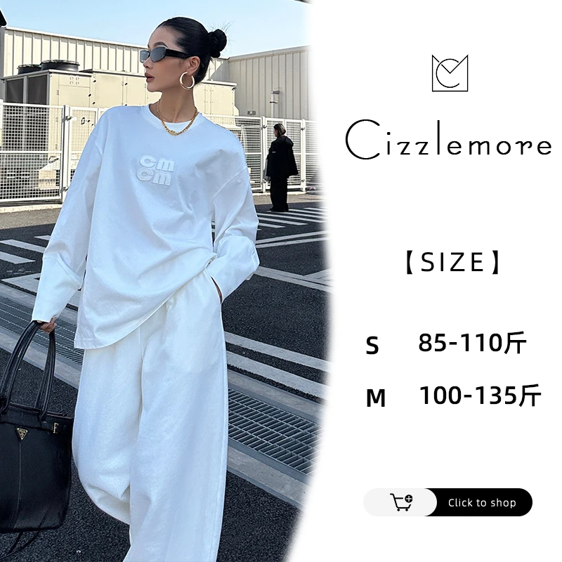 【天空盐湖】宽松贴布绣花logo拼接袖口T恤透气弹力腰阔腿卫裤套