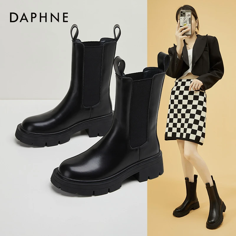 达芙妮厚底烟筒靴女2025新款春秋款2025中筒靴白色切尔西靴马丁靴