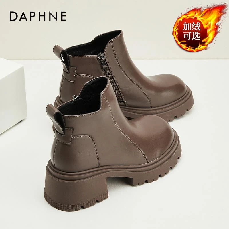 达芙妮/Daphne 6CM增高~粗跟短靴女冬季新款加绒加厚复古防寒棉靴