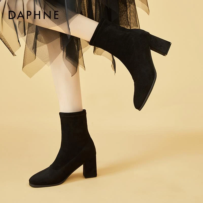 达芙妮弹力瘦瘦靴短靴针织小个子袜子靴2025秋冬季加绒高跟鞋靴子