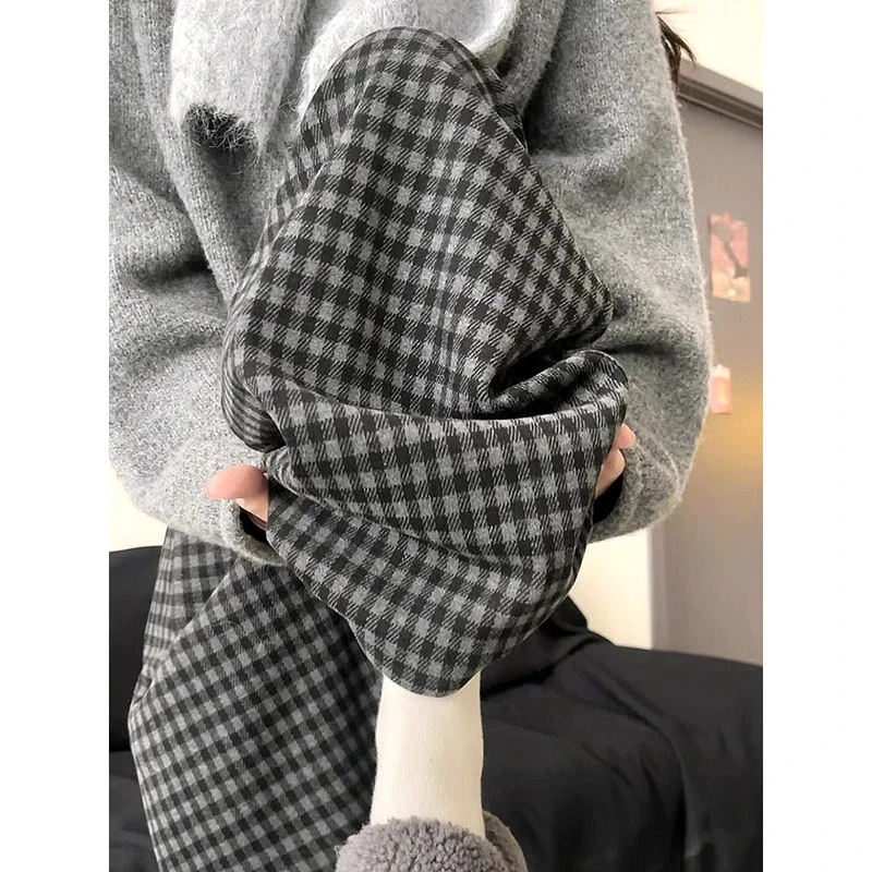 黑灰经典格子裤女春秋季高腰直筒显瘦百搭格纹小个子加绒阔腿裤