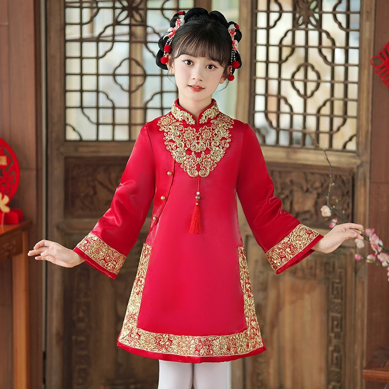 女童唐装过年拜年服冬季新款儿童旗袍中国风加厚女孩汉服古装洋气