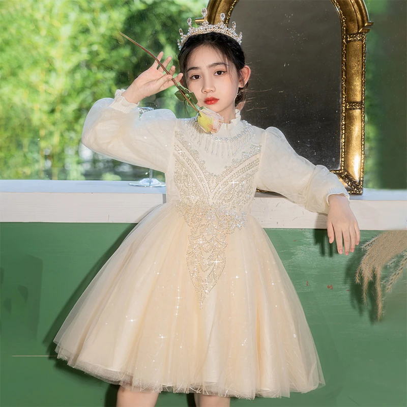 女童礼服轻奢小众高端钢琴演出服儿童婚礼走秀女孩表演服秋冬长袖