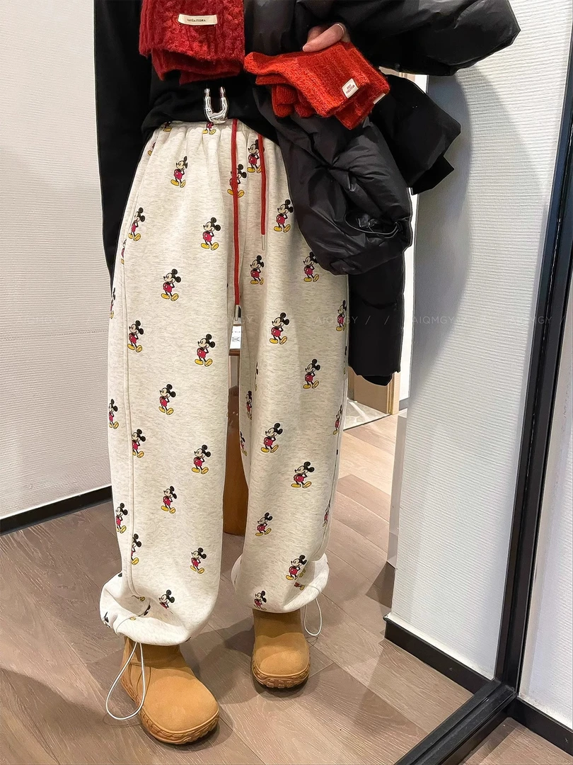 藏蓝色抽绳满印加绒卫裤女2025冬季新款宽松休闲长裤