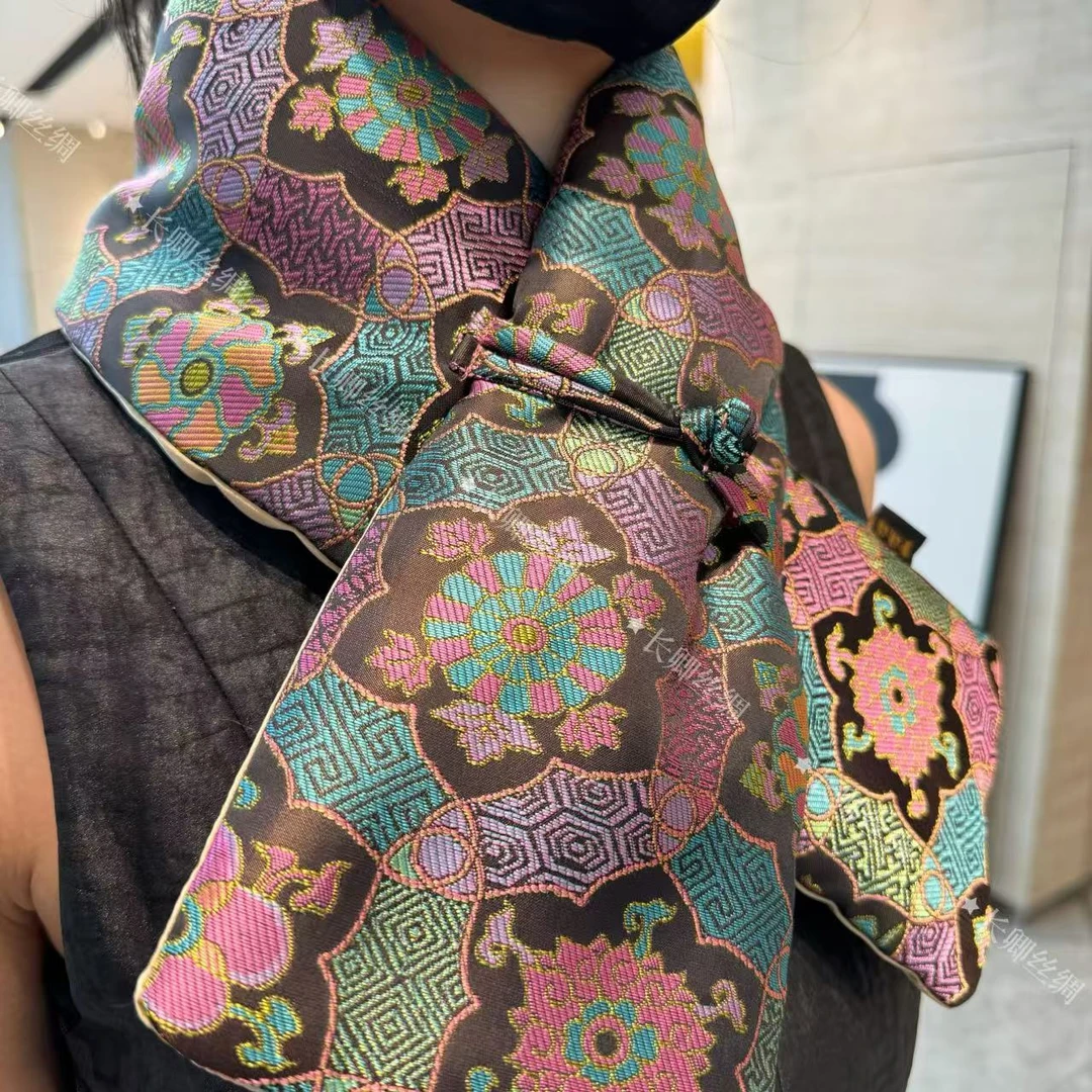 【倾云】【好运莲莲】新中式宋锦轻奢高定国风丝巾围脖 15*90（A1049）