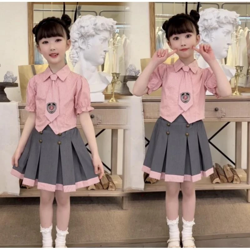 女童小学生套装2025儿童新款中大童洋气衬衫百褶裙jk制服三件套装