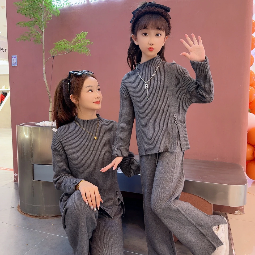 女童套装2024秋冬新款女孩毛毛马甲洋气加厚针织衫阔腿裤三件套潮