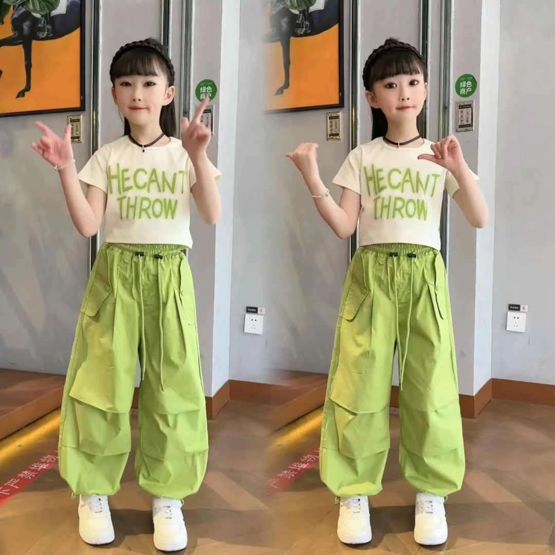 女童夏装套装2025新款中大童洋气时髦网红炸街字母t工装裤套装潮