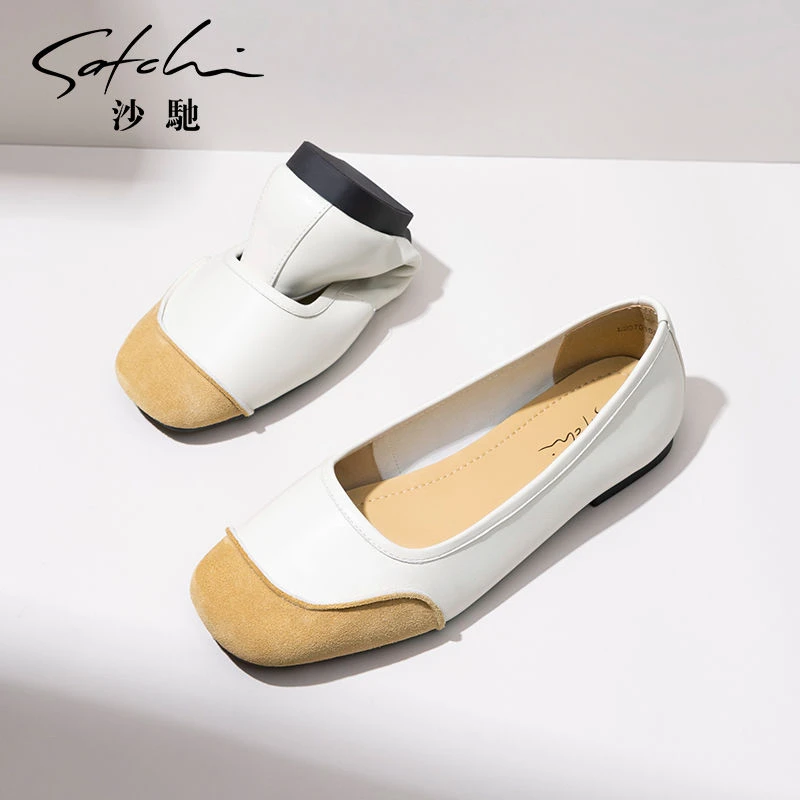 沙驰女鞋时尚个性拼接浅口单鞋女春夏季新款舒适软底平底鞋