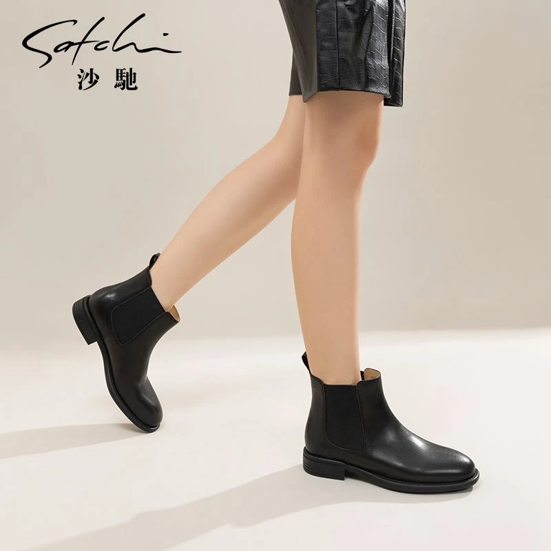 沙驰女鞋舒适低粗跟短靴女2025年秋冬季新款短筒切尔西靴时尚裸靴