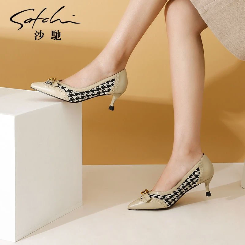 沙驰女鞋真皮职业工作鞋女2022夏季新款浅口细中跟猫跟蝴蝶结单鞋